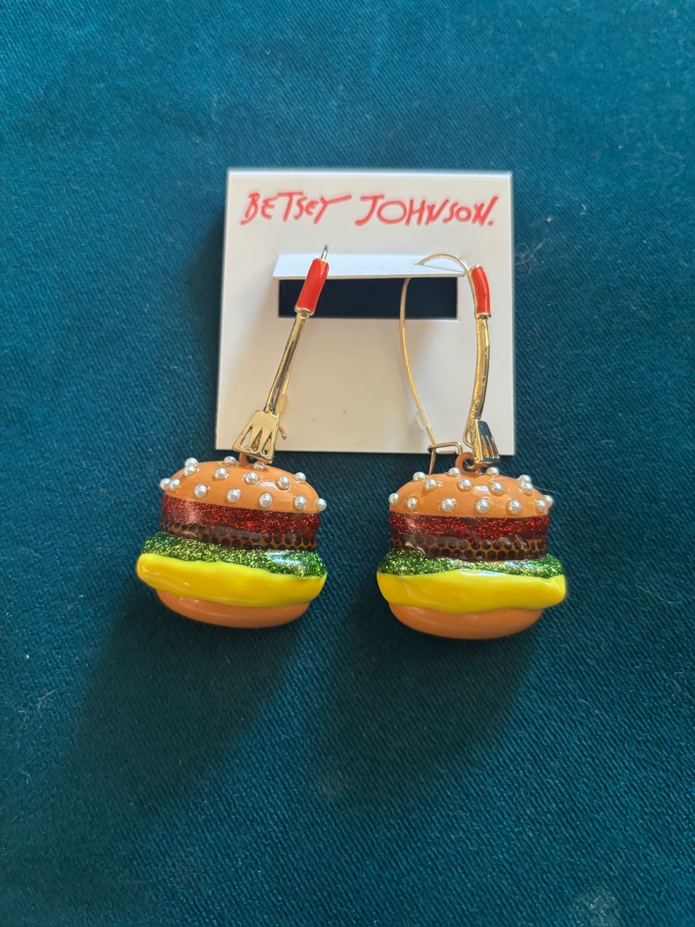 Betsey Johnson Red & Yellow Hamburger Dangle Earrings